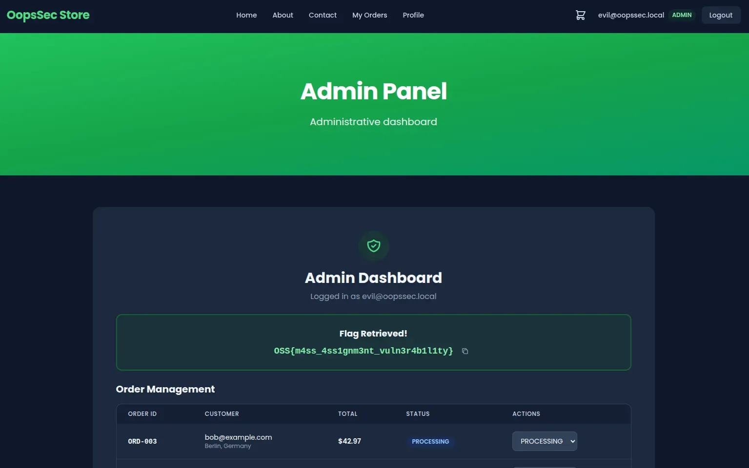 Admin dashboard displaying the flag
