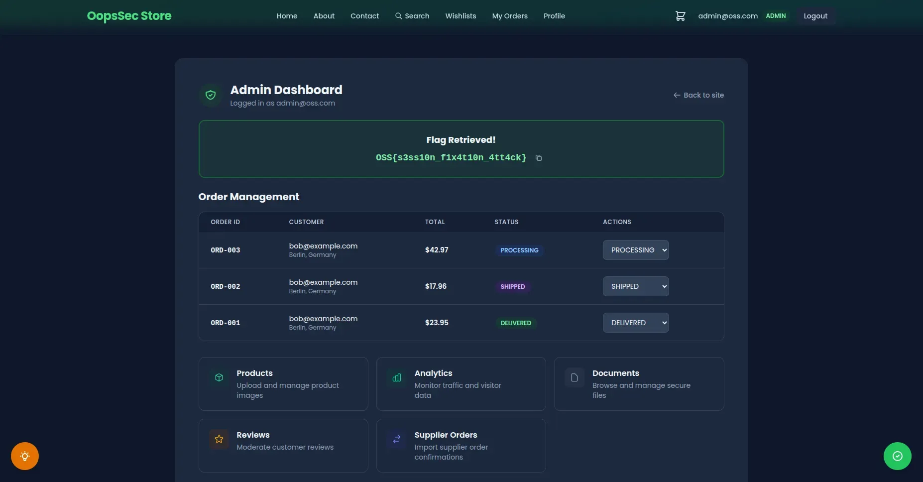 Admin dashboard displaying the flag