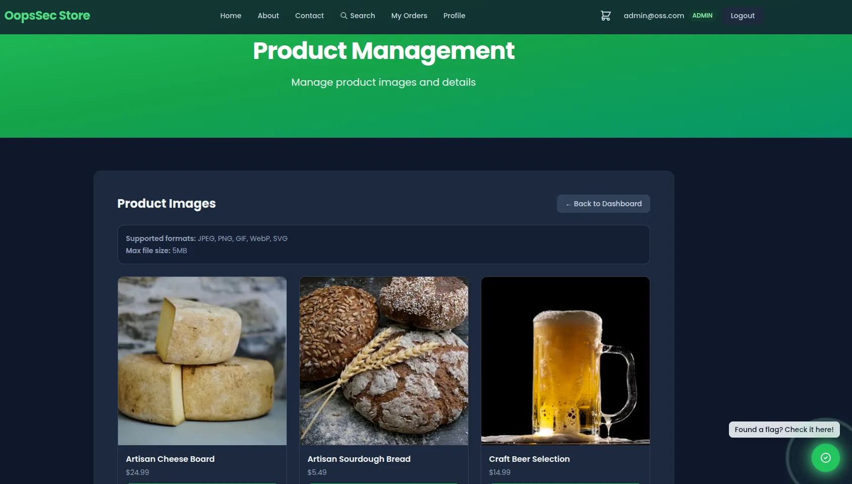 Admin product management interface showing the product list