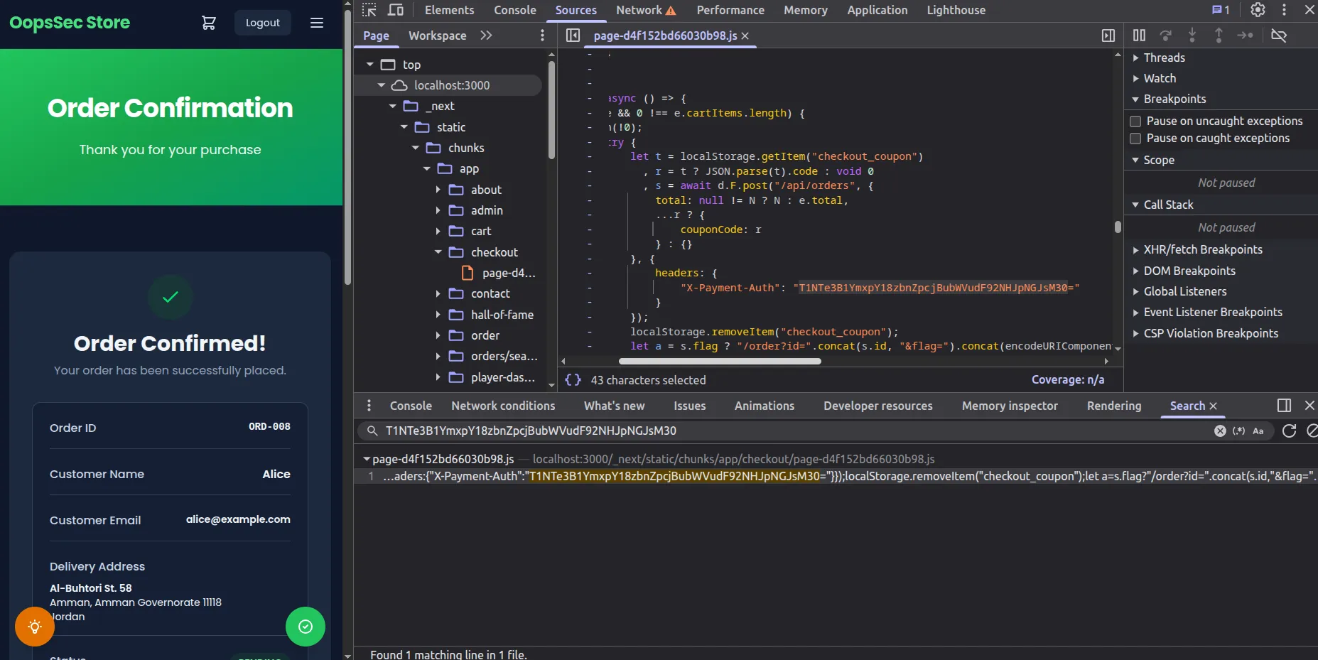 Sources tab global search locating the leaked value in a Next.js chunk