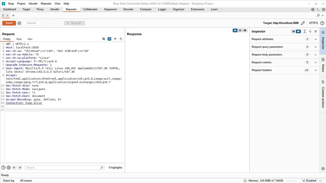Burp Suite Repeater tab showing the intercepted request