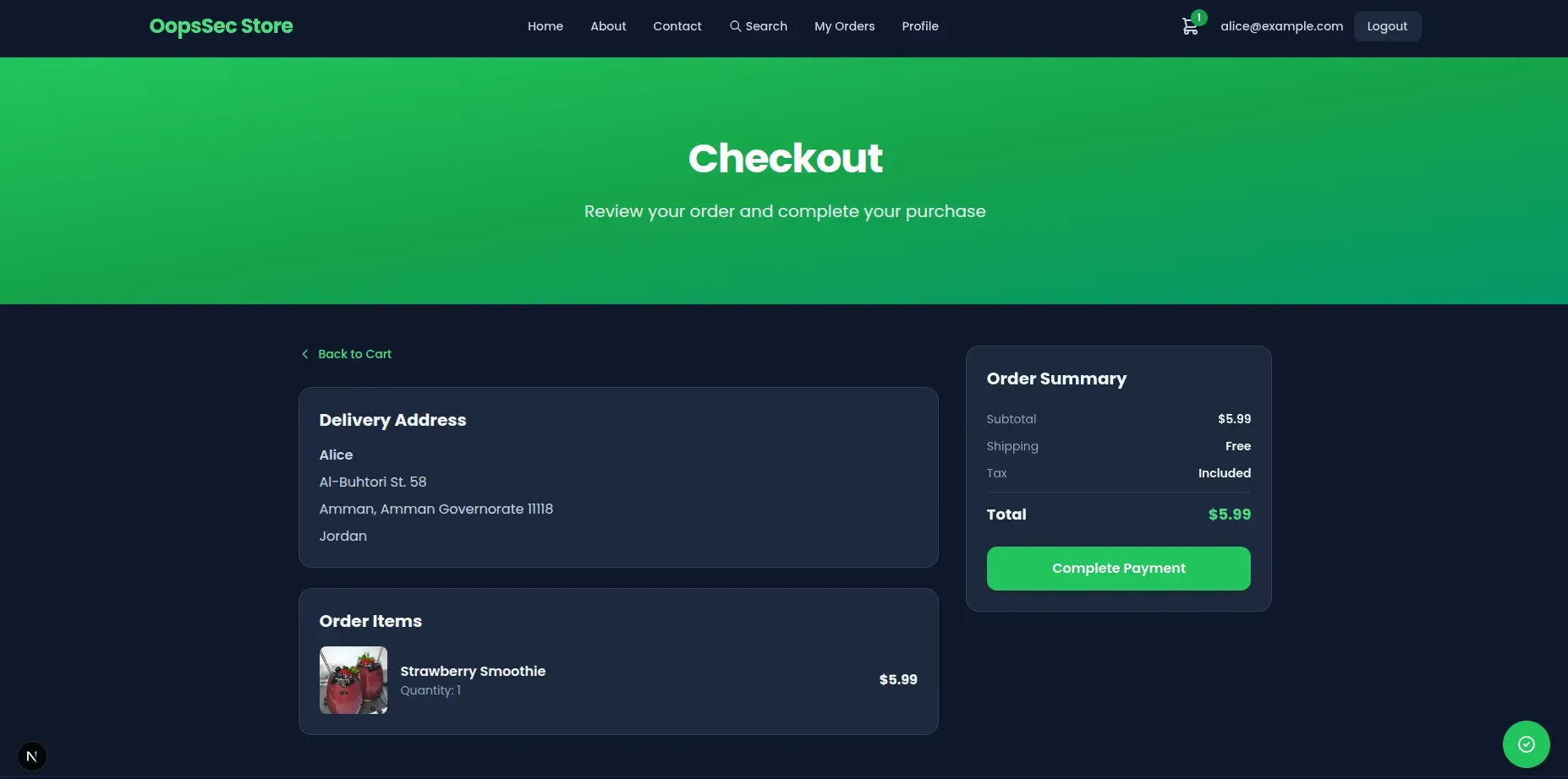 Checkout page displaying order summary and payment button