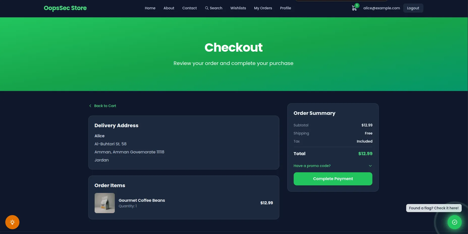 OopsSec Store checkout page with order summary and payment button