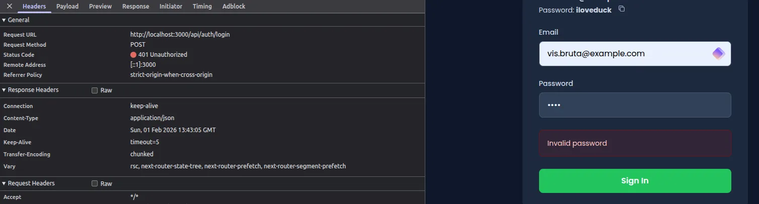 Failed login attempt in browser DevTools