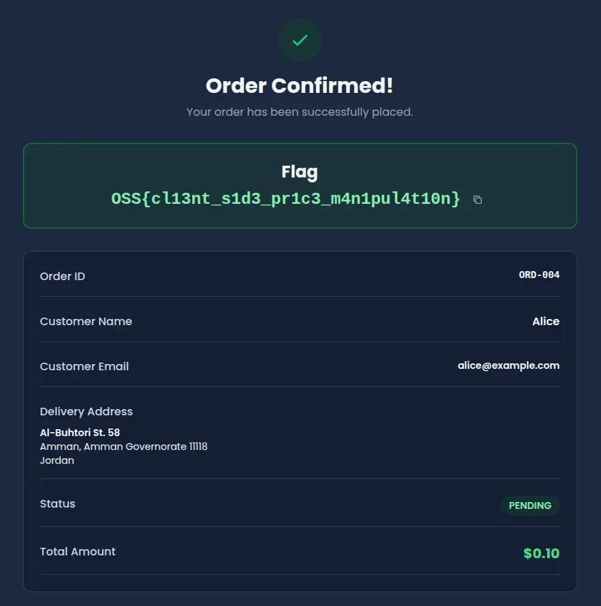 Order confirmation showing manipulated price and captured flag