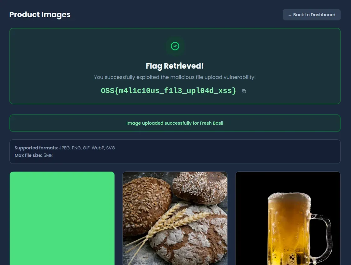 Flag displayed after successful malicious SVG upload