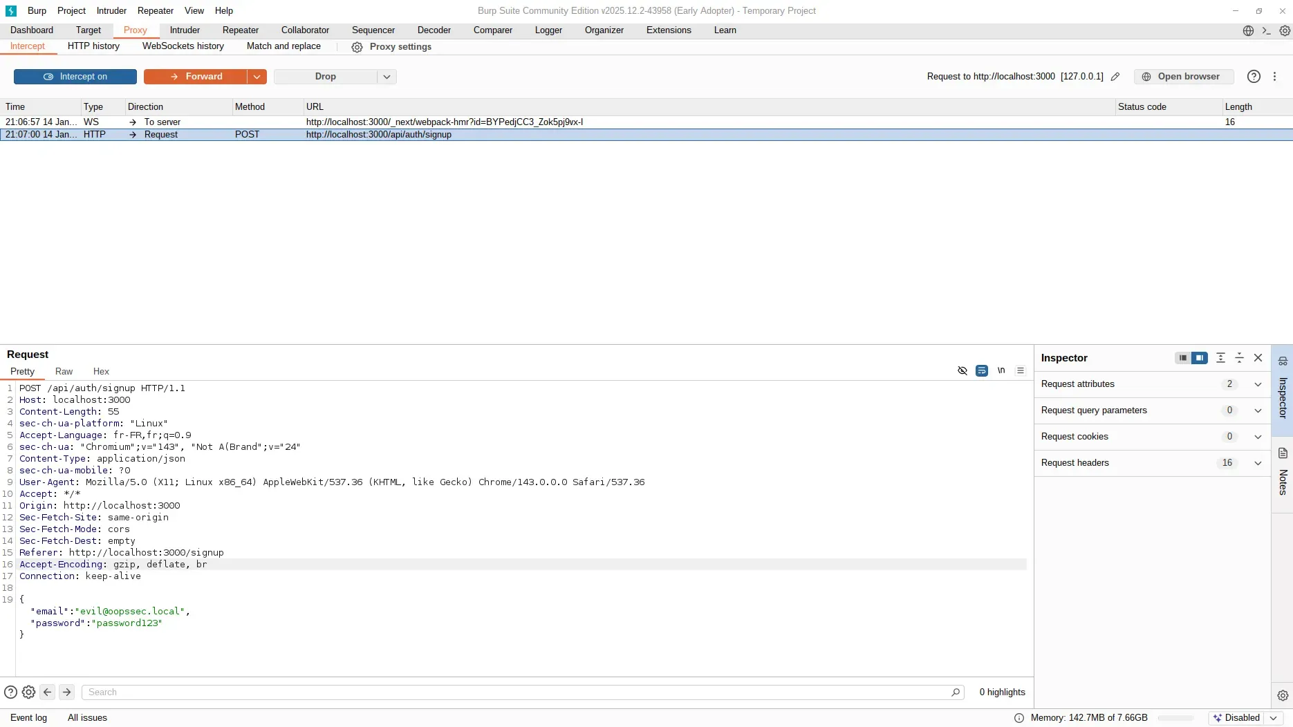 Intercepted signup request in Burp Suite