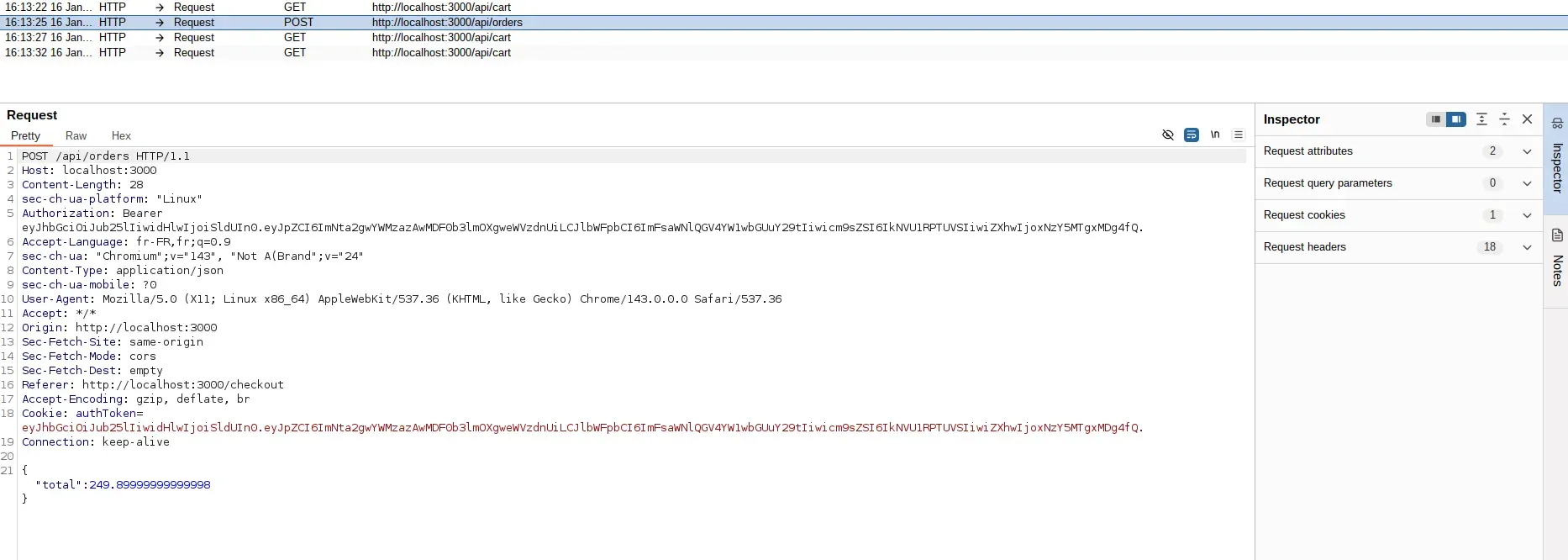 Intercepted POST request showing order JSON with total field