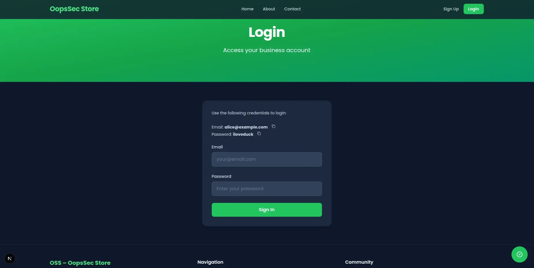 Login page with Alice credentials