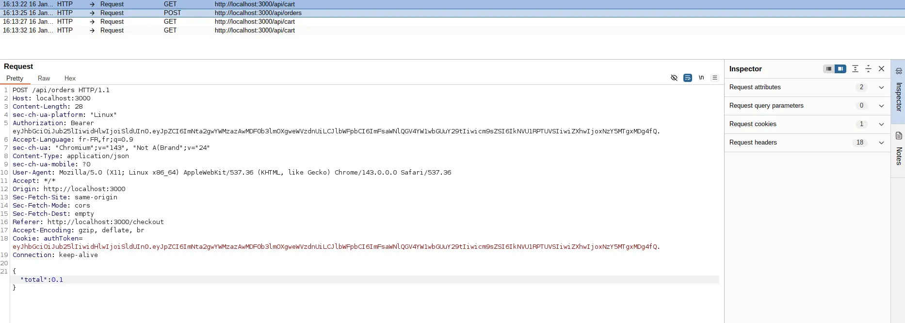 Modified request with total changed to 0.1