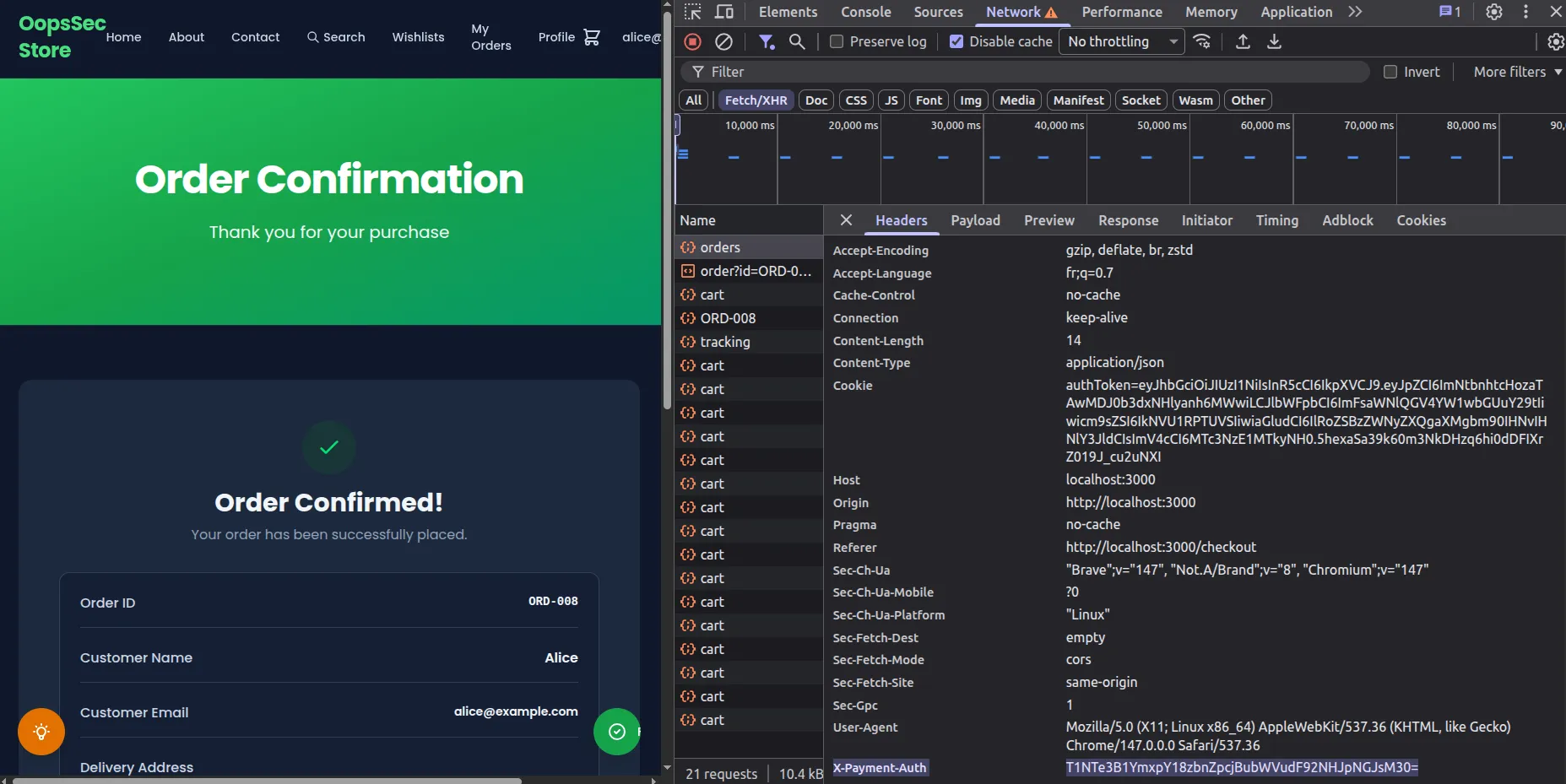 Network tab showing the X-Payment-Auth request header on POST /api/orders