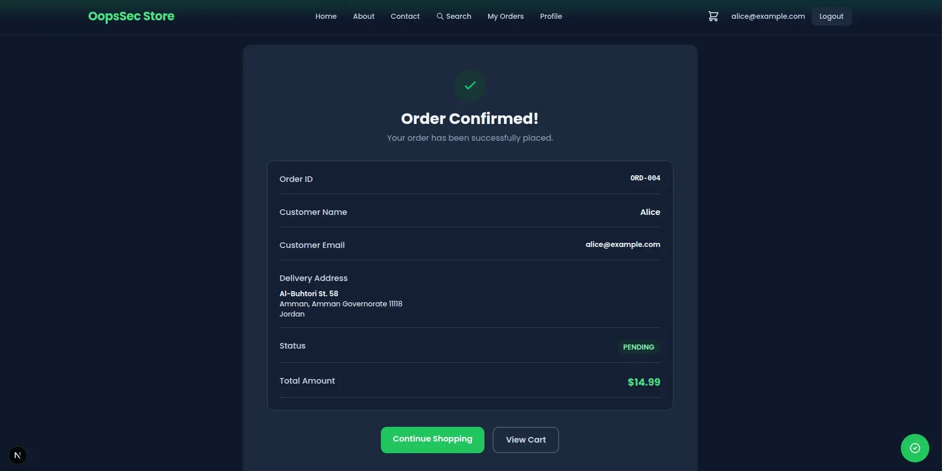 Order confirmation page showing user's order