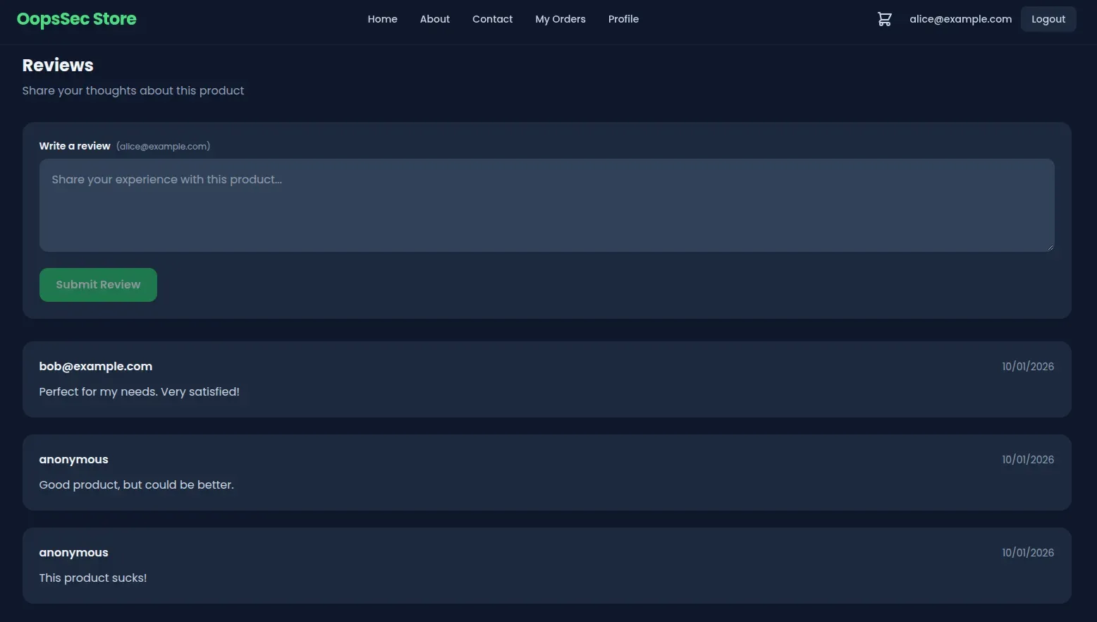 Product reviews section showing existing comments and submission form