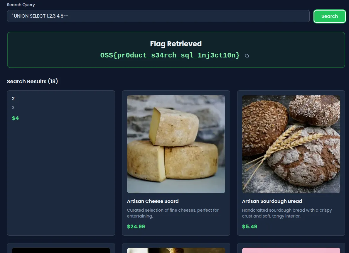 SQL injection payload submitted in search box