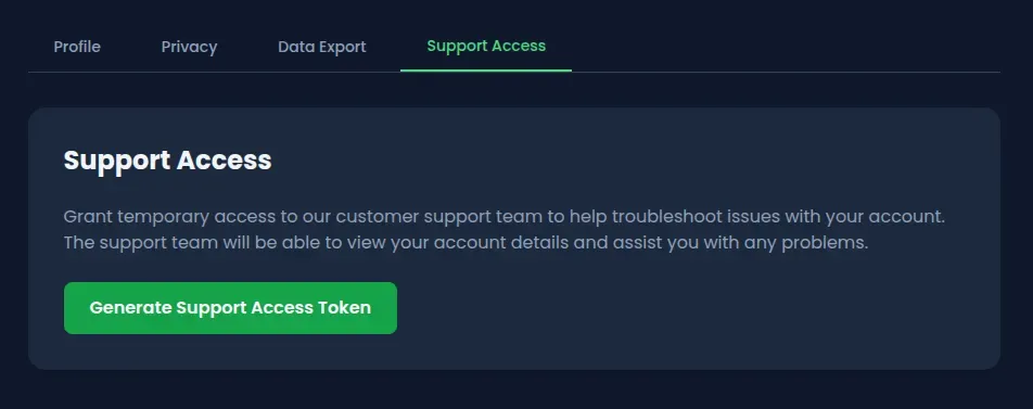 Support Access tab on the user profile page
