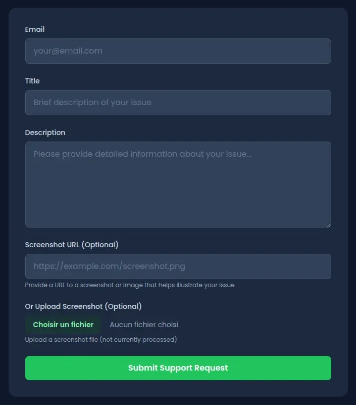 Support form with screenshot URL field