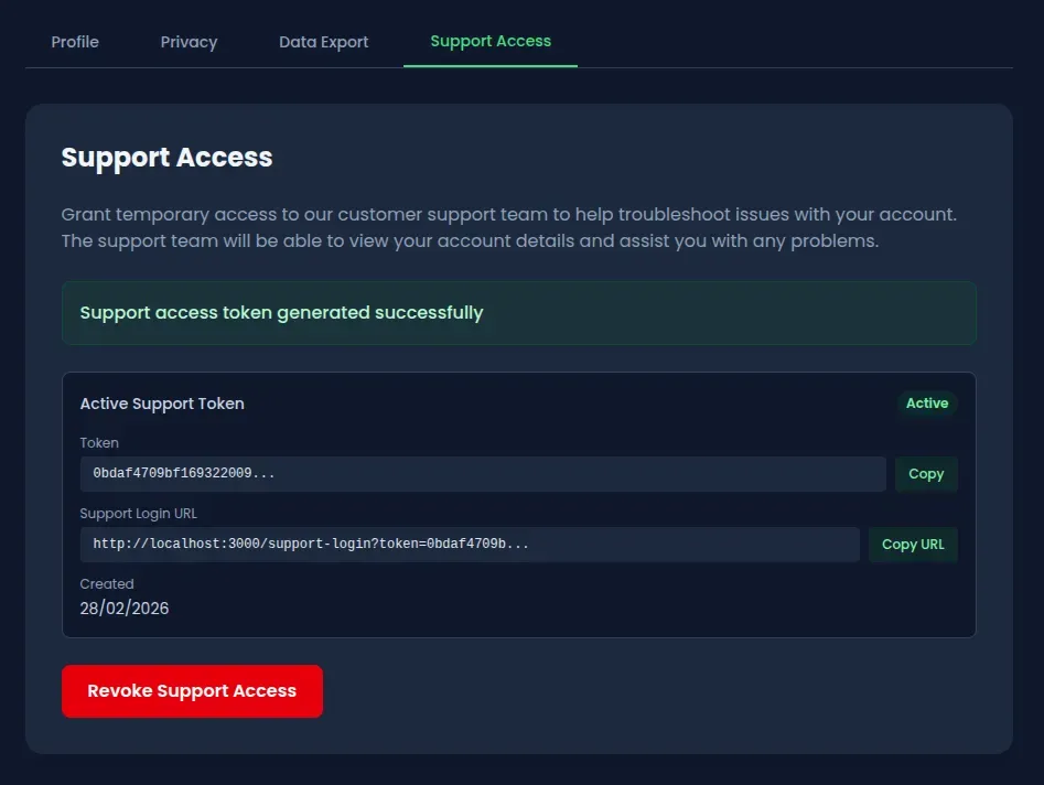 Support access token generation interface