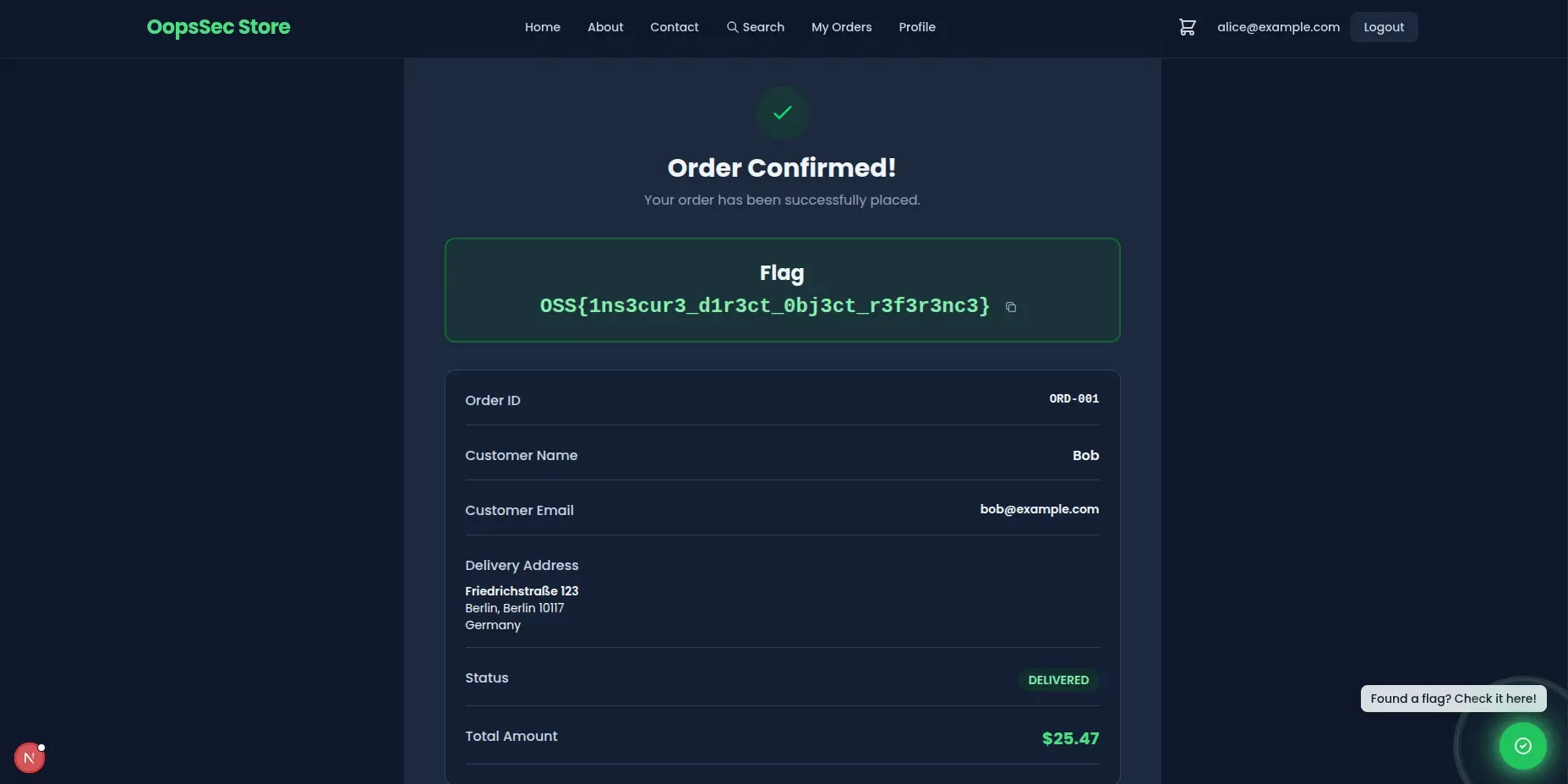 Order page showing another customer's data