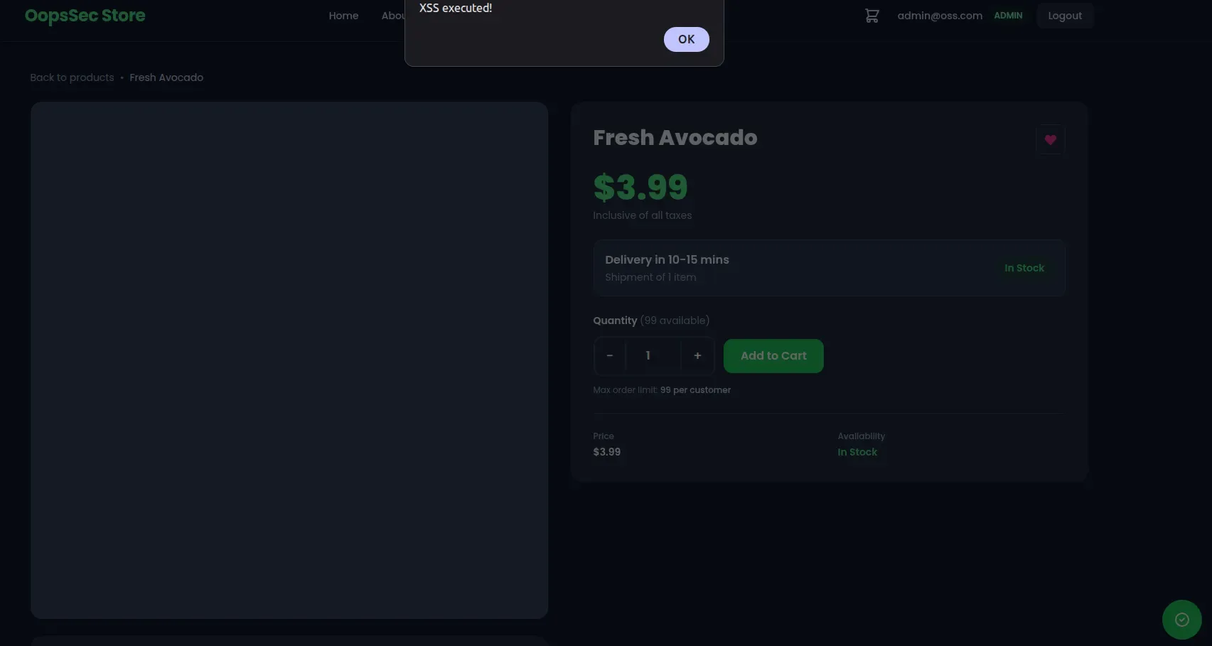 XSS alert dialog displayed on the product page