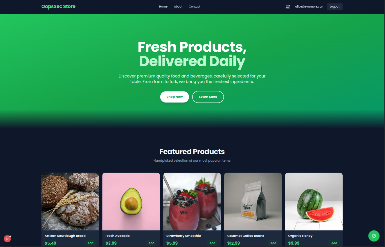 OSS OopsSec Store vulnerable web application interface showing e-commerce features for security training and penetration testing